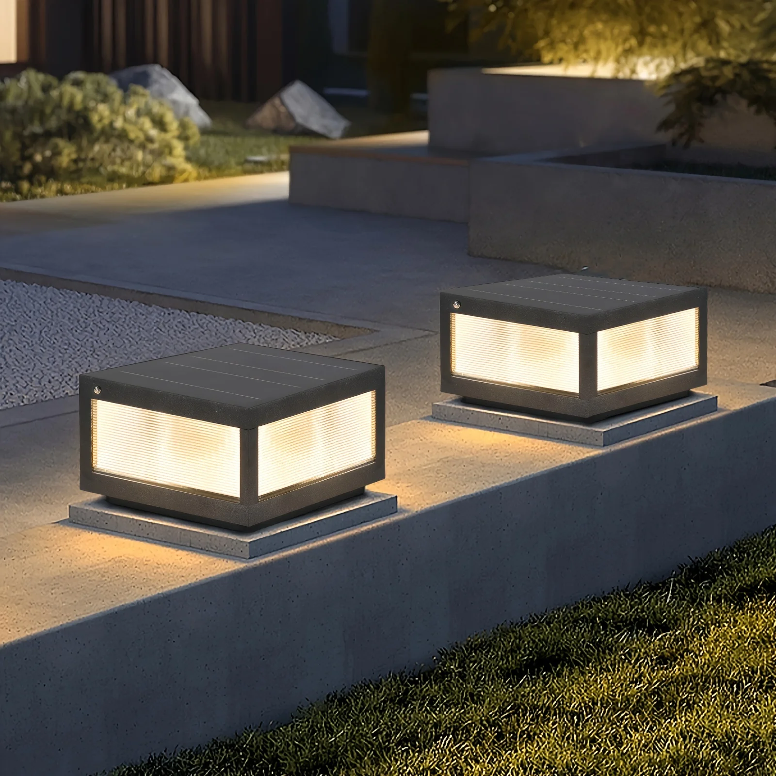 Solar Rectangular Column Light Outdoor, Modern Column Light Dusk to Dawn Waterproof Solar Column Cap Light LED 3000K/6000K Deck Lantern Light Suitable for Courtyard Garden Decoration Strip (12 Inches X 12 Inches, Black)