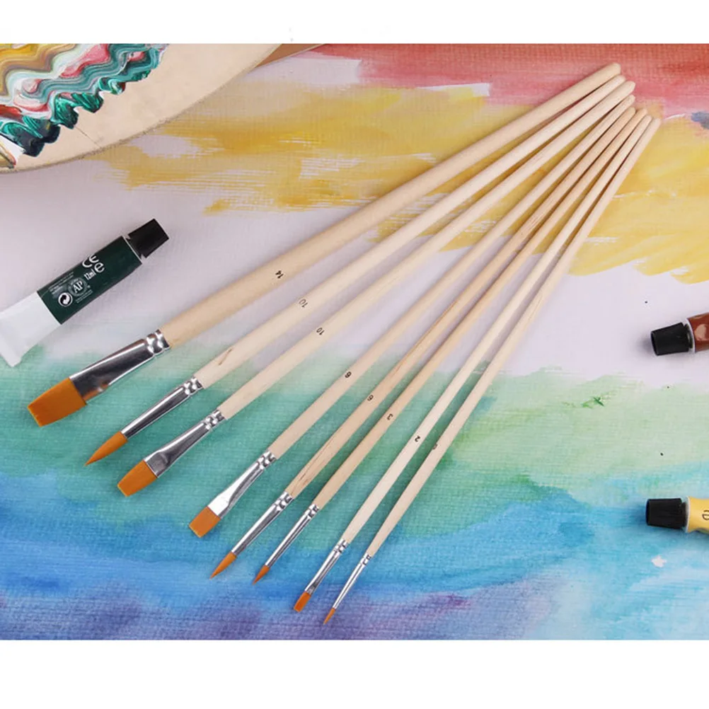 

8pcs Paint Brush Set Watercolor Nylon Hair Artist Wooden Oil Painting Round Flat Tips Premium Handle Smooth