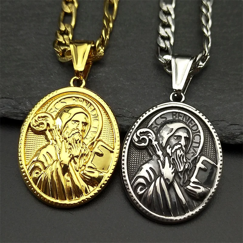 Saint Benedict Oval Medal Pendant Necklace for Women Men Stainless Steel Gold Color Catholic Religious Amulet Jewelry San Benito