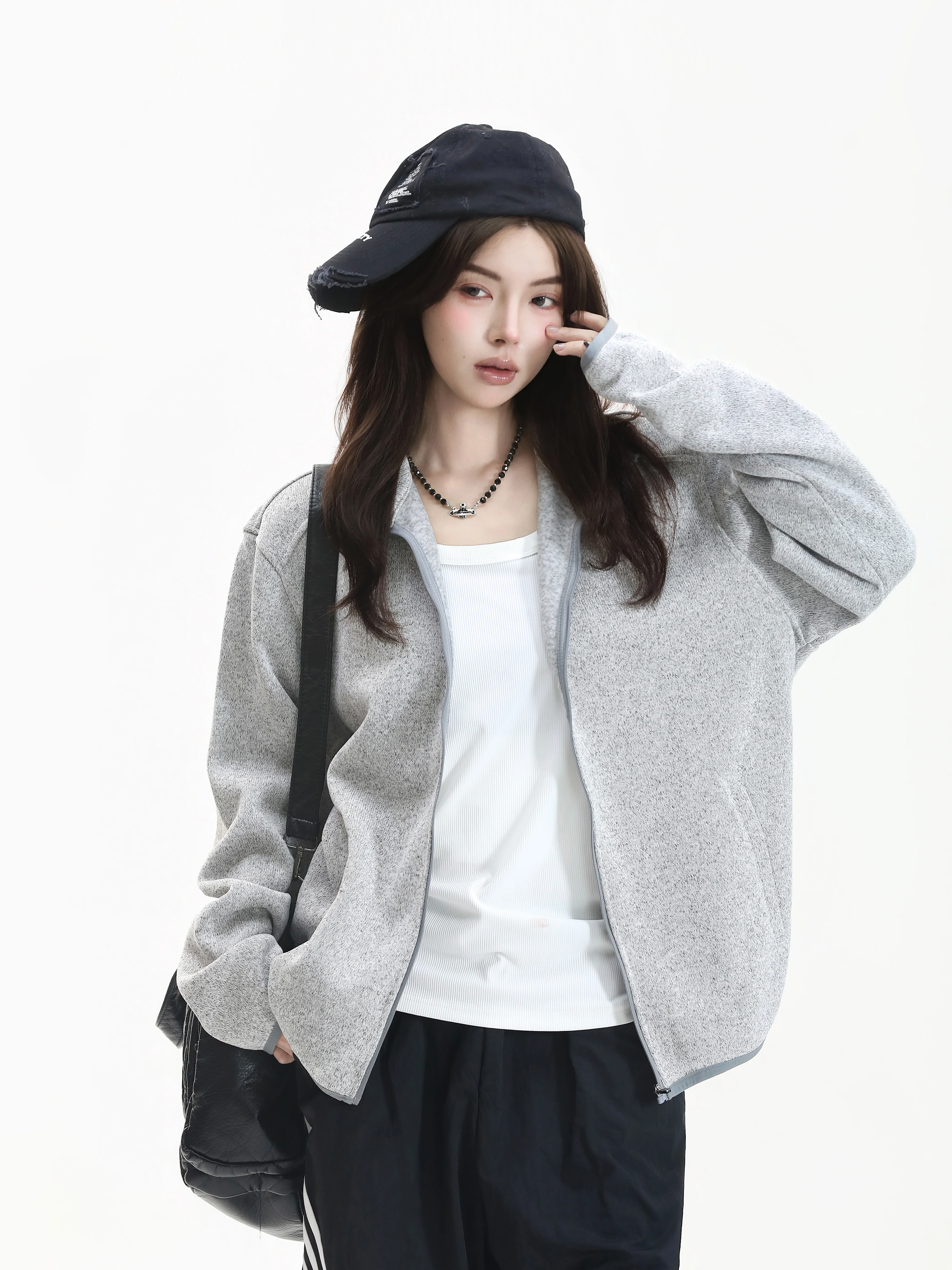 Cleanfit Vintage Knitted Short Coat Casual Loose Fit Zipper Design Basic Style Stand Collar Unisex Knitted Open Cardigan