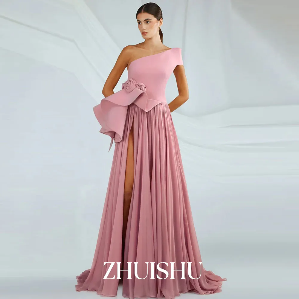 

ZHUISHU One Shoulder Blush Pink Evening Gown Customized A Line Handmade Flowers High Slit Draped Long Prom Dresses Customized
