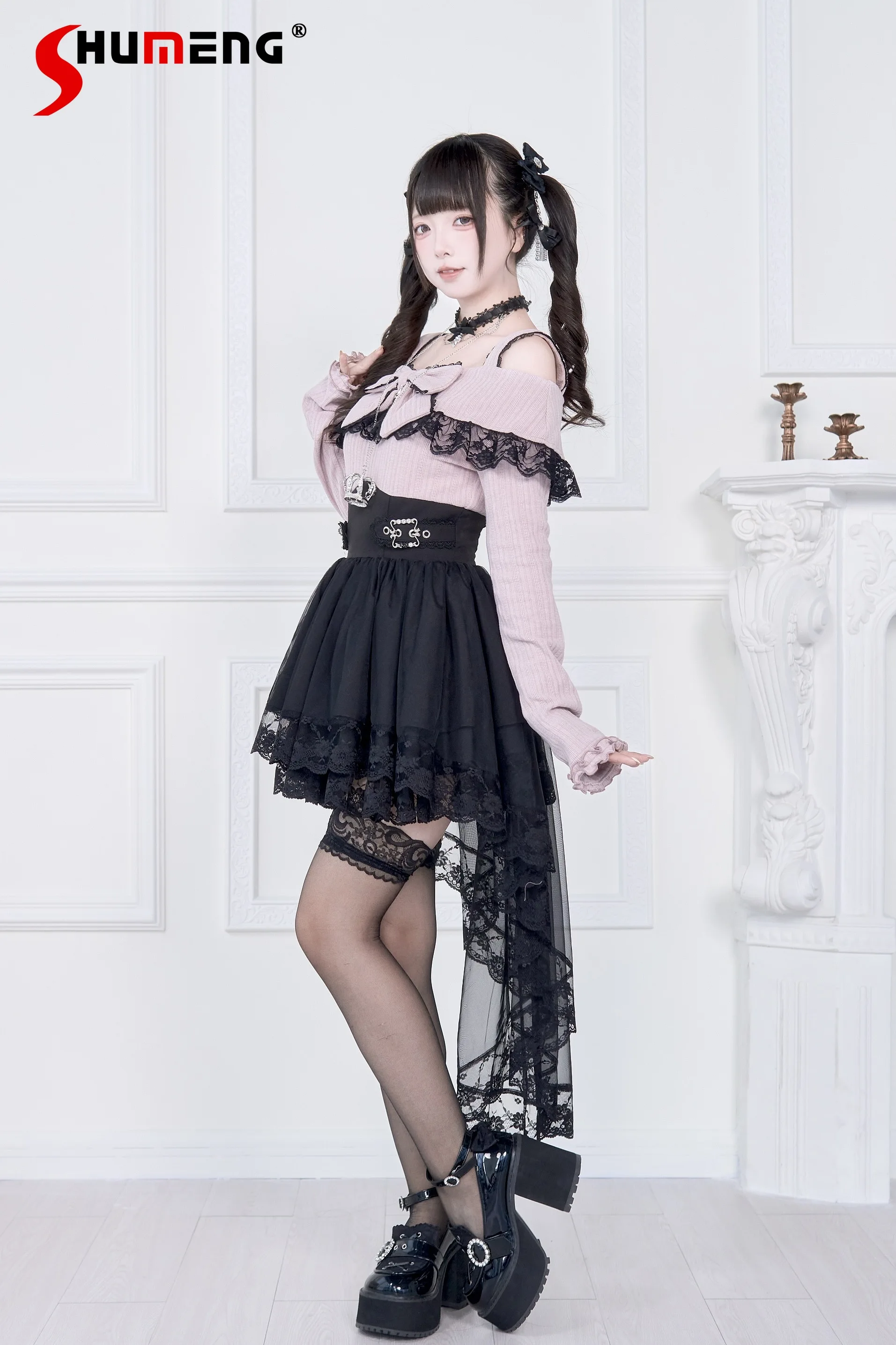 

Original Japanese Mines Style Mass-Produced Off-Shoulder Long Sleeve Spliced High Waist Lace-up Bow Subculture Short Dress Women