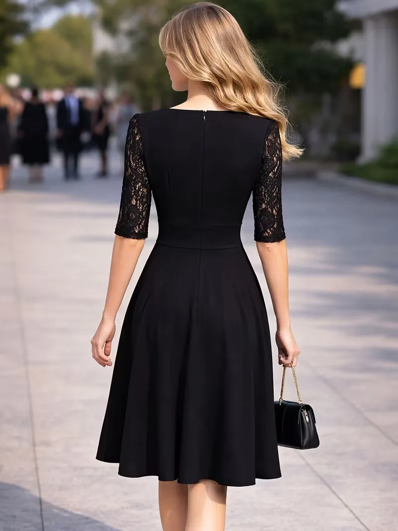 Women Black Lace Half Sleeve Midi Dresses V Neck Wrap High Waist A Line Swing Dress Elegant Prom Party Cocktail Formal Dress