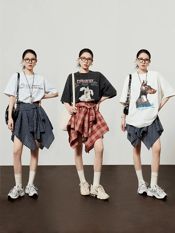 

Универсальная женская летняя юбка в клетку с высокой талией, модный комплект с принтом, свободный крой, в китайском стиле, для повседневной носки