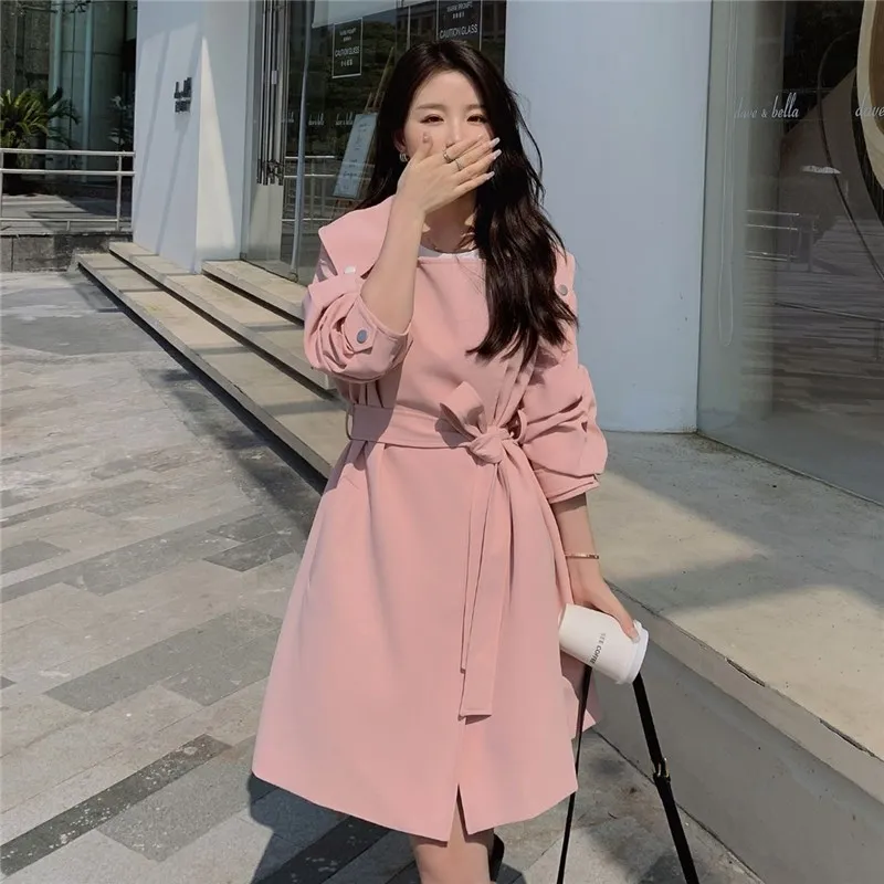 

Pink Trench Coat Long Jacket 2023 Spring Women Elegant Fashion Slim Casual Korena Style Belted Windbreaker Outerwear Female 2309