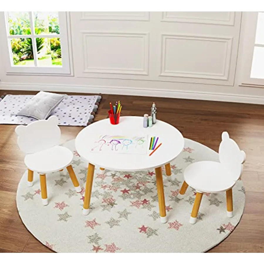 

UTEX Wood Table and Chair Set Play Table with 2 Chairs 3 Pieces Wood Round Table for Toddlers Girls Boys White