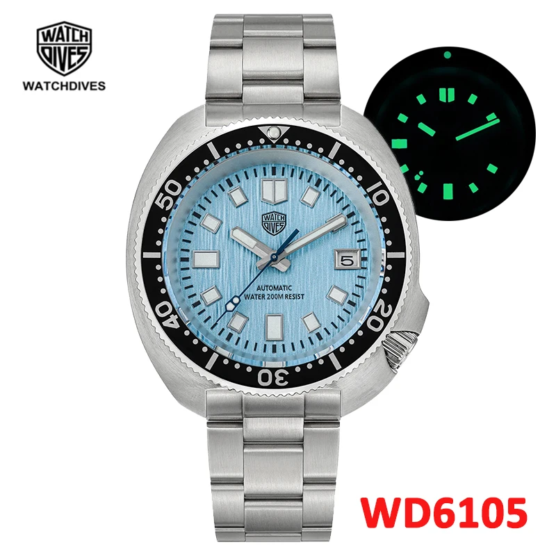 Watchdries jam tangan WD6105 NH35, arloji pergerakan 300M tahan air safir kristal C3 Hijau bercahaya Stainless Steel