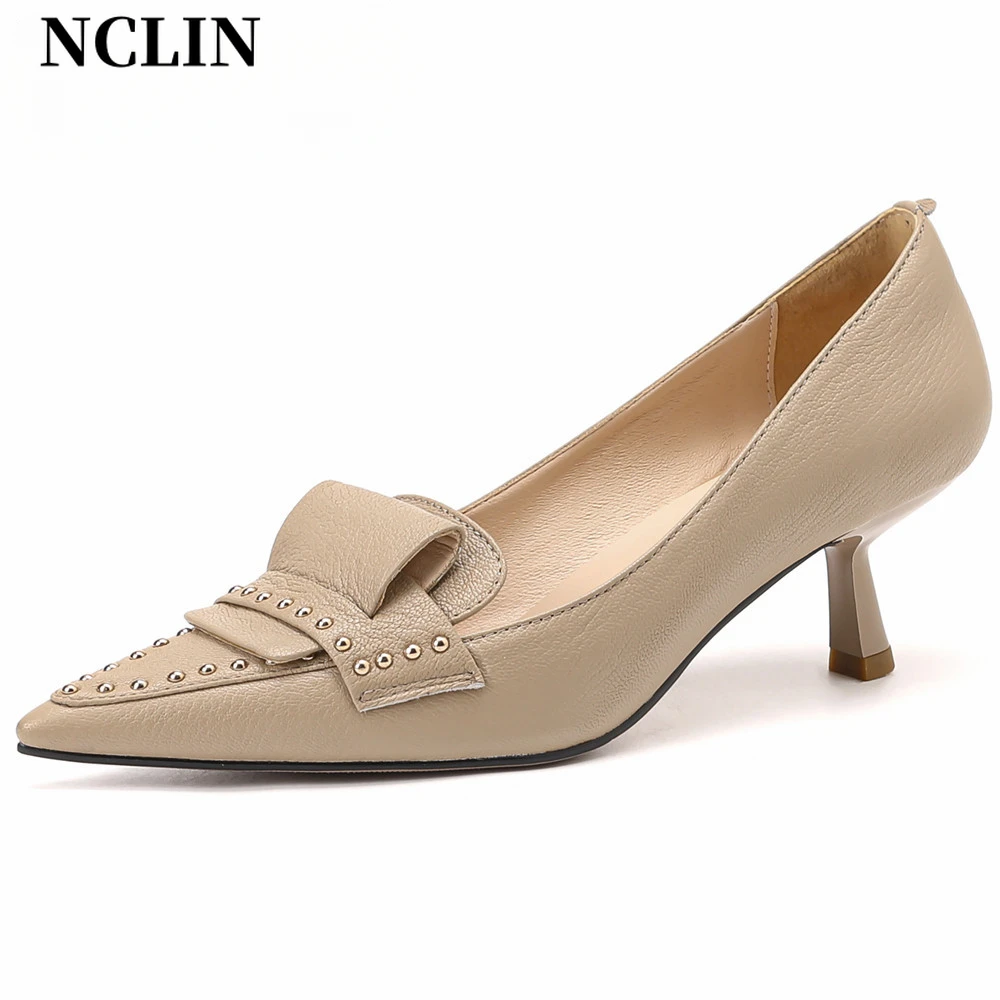 

NCLIN Fashion Rivets Women Pumps Thin High Heels Pointed Toe Spring Summer Dress Office Lady Genuine Leather Shoes Woman 2024