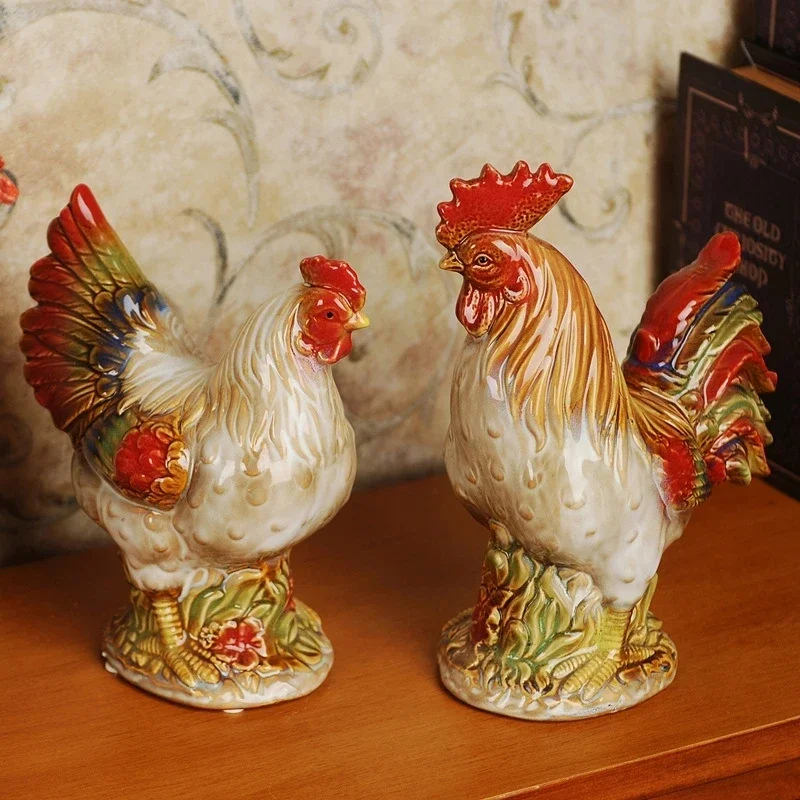 1Pair Ceramic Rooster Hen Statue Figurines Handmade Collectibles Art Vintage Home Living Room Table Decor Gift For Chicken Lover