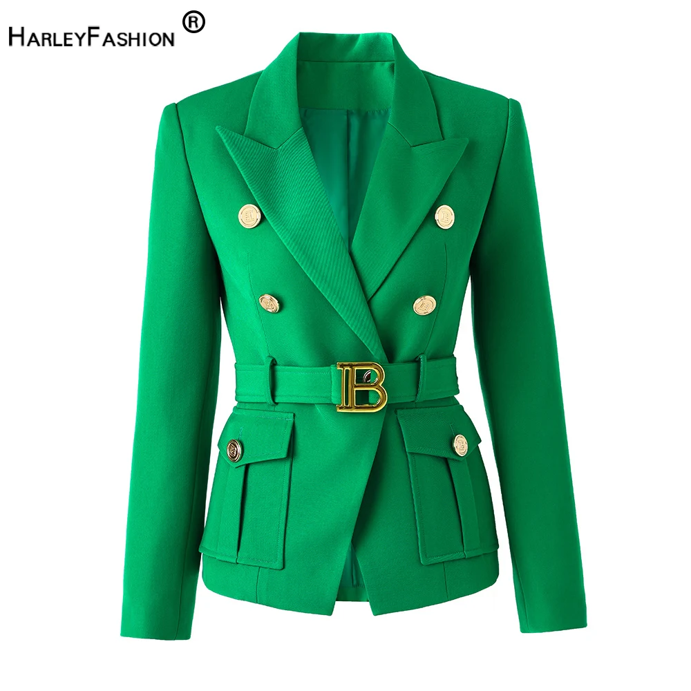 Hot Selling American Style Fresh Spring Pocket Design Women Street Green Blazer with Blet Quality Lady Slim Jackets