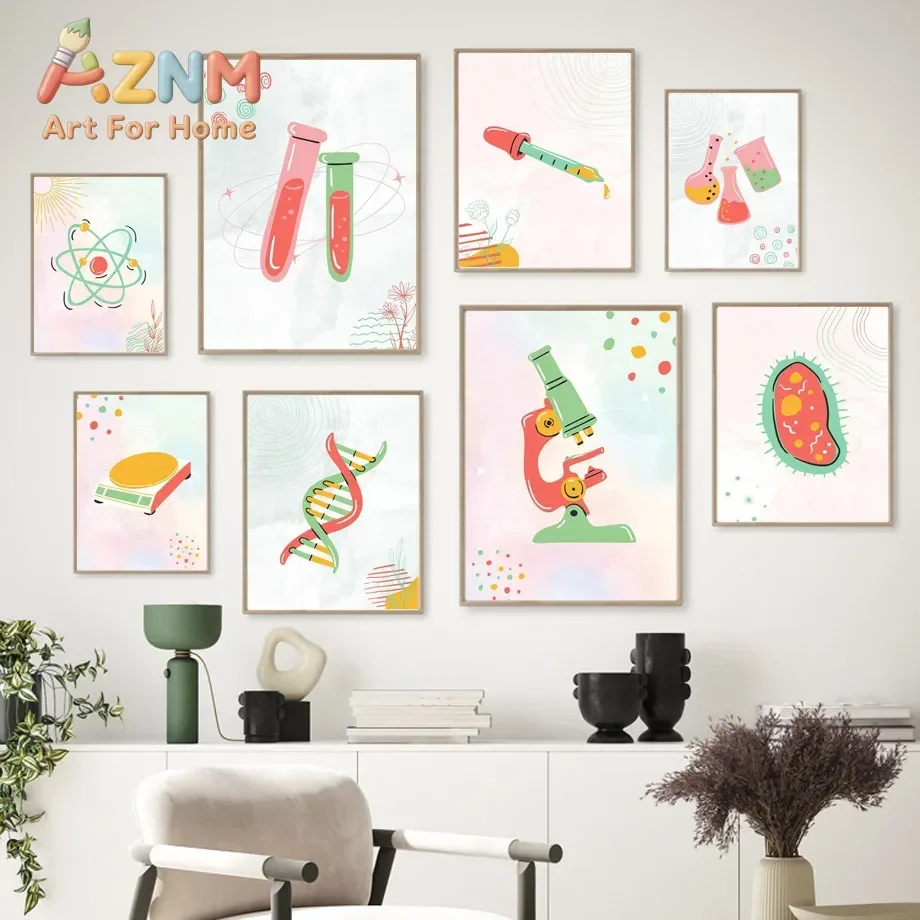 AZNM Colorful Science Lab Canvas Wall Art DNA Microscope Magnet Atom Chemistry Art Print Unframed Canvas Poster for Classroom St