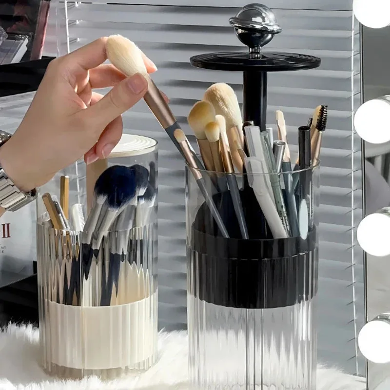 Vanity Makeup Brushes Holder Automatic Lifting Dustproof Storage Box with Lid Lipstick Cosmetic Organizer