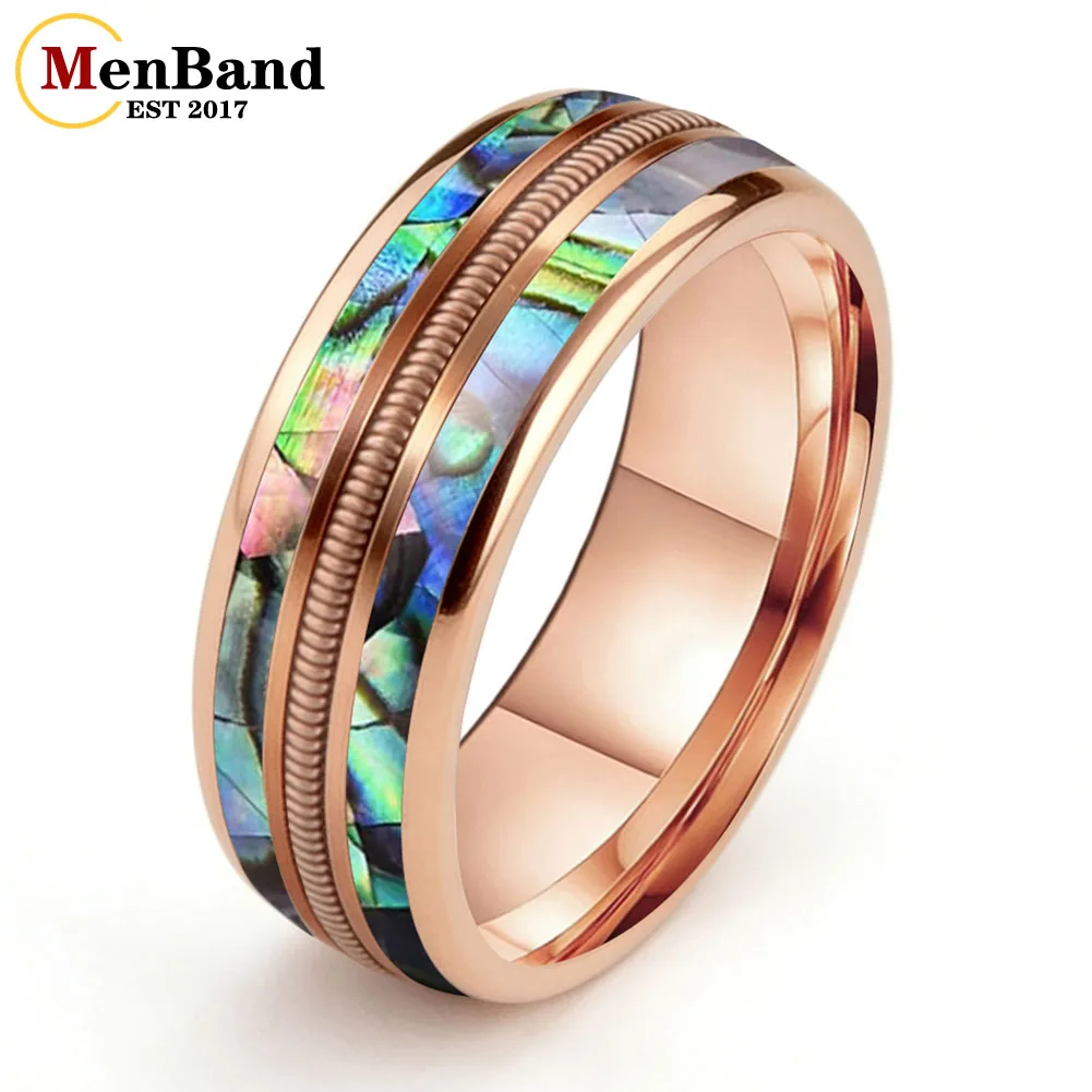 MenBand 8MM Men Women New Wedding Band Tungsten Carbide Ring with Abalone Shell and Rose Gold Guitar String Inlay Comfort Fit