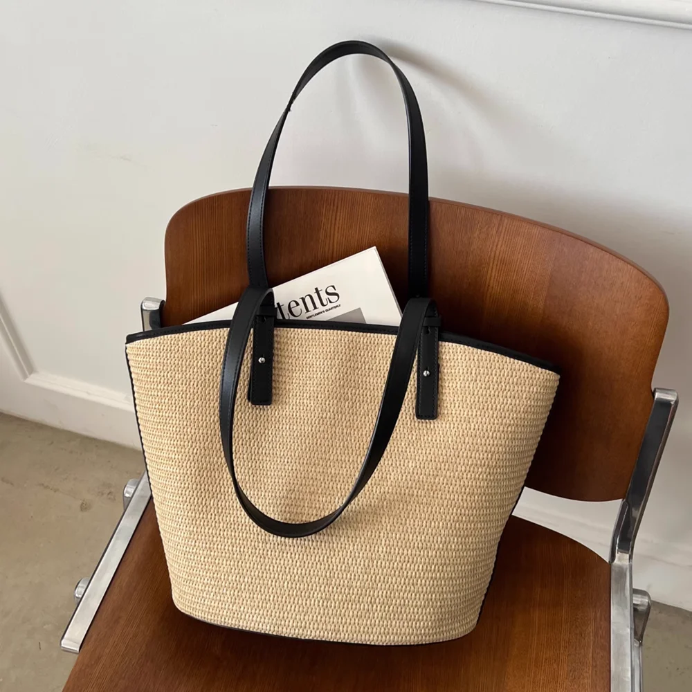 

GENGWO Fashion Retro Simple Grass Woven+Genuine Leather Shell Bag Women Seaside Beach Tote Shoulder Bag Holiday Bag Big