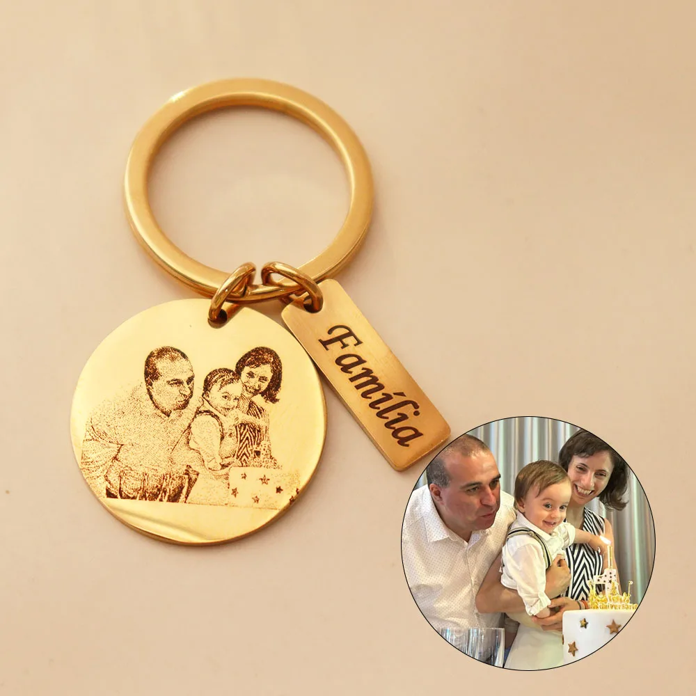 Laser Engraved Custom Photo Keychain Stainless Steel Round-Shaped Personalized Portrait Key Ring Unique Mother's Day Family Gift