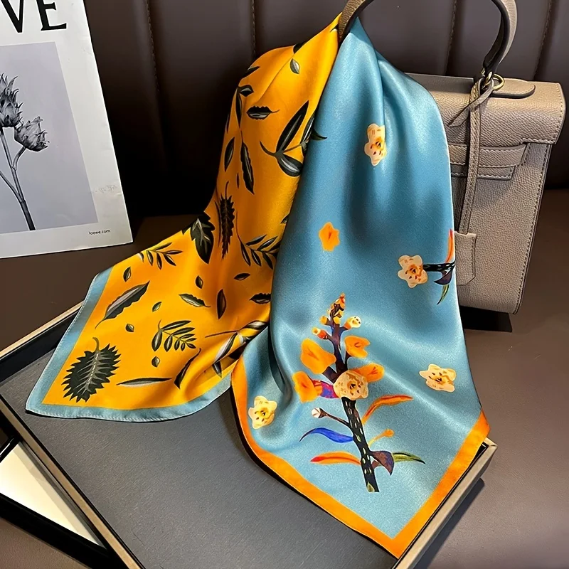 Color Block Flower Printed Square Scarf Simulated Silk Thin Silky Neck Scarf Professional Decorative Small Scarf For Women