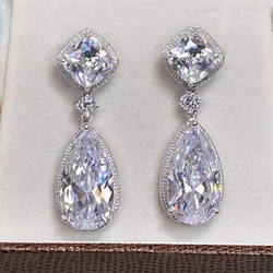 Huitan Trendy Luxury AAA Cubic Zirconia Crystal Drop Earrings for Women High Quality Silver Color Bride Wedding Earrings Jewelry