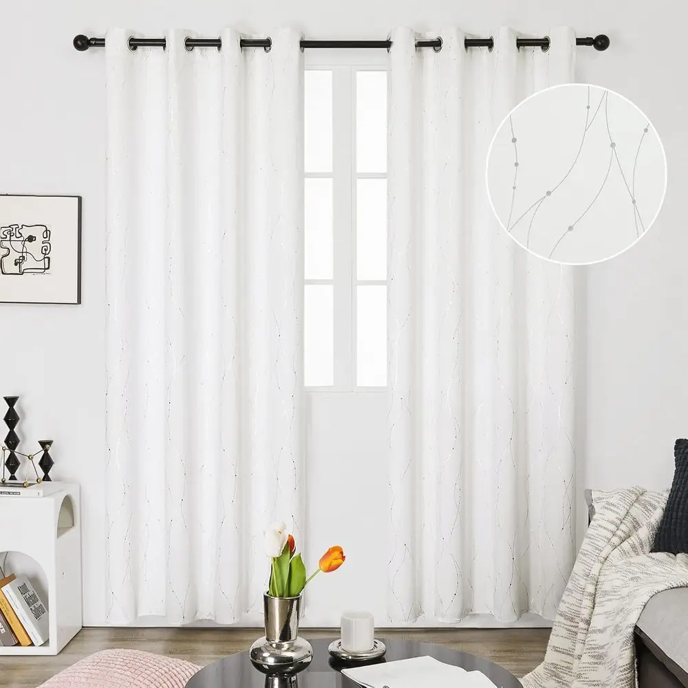 ستائر حلقية منقوشة باللون الفضي، أبيض نقي، عرض 52 بوصة × طول 84 بوصة