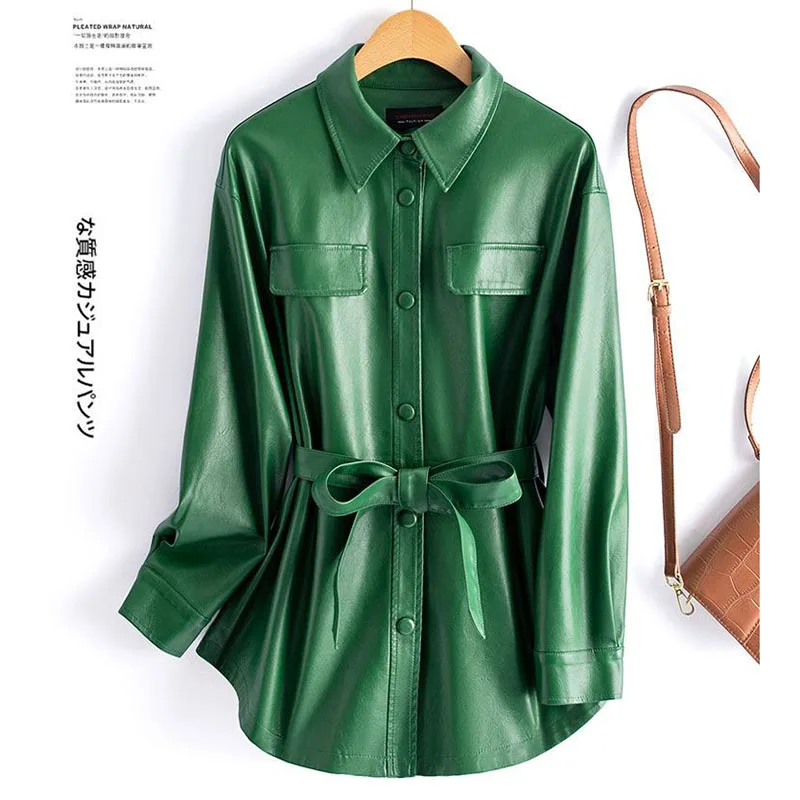 새로운 여성 셔츠 스타일 가죽 자켓 봄 가을 패션 캐주얼 턴 다운 칼라 레이스 업 슬림 가죽 코트 스플릿 가죽