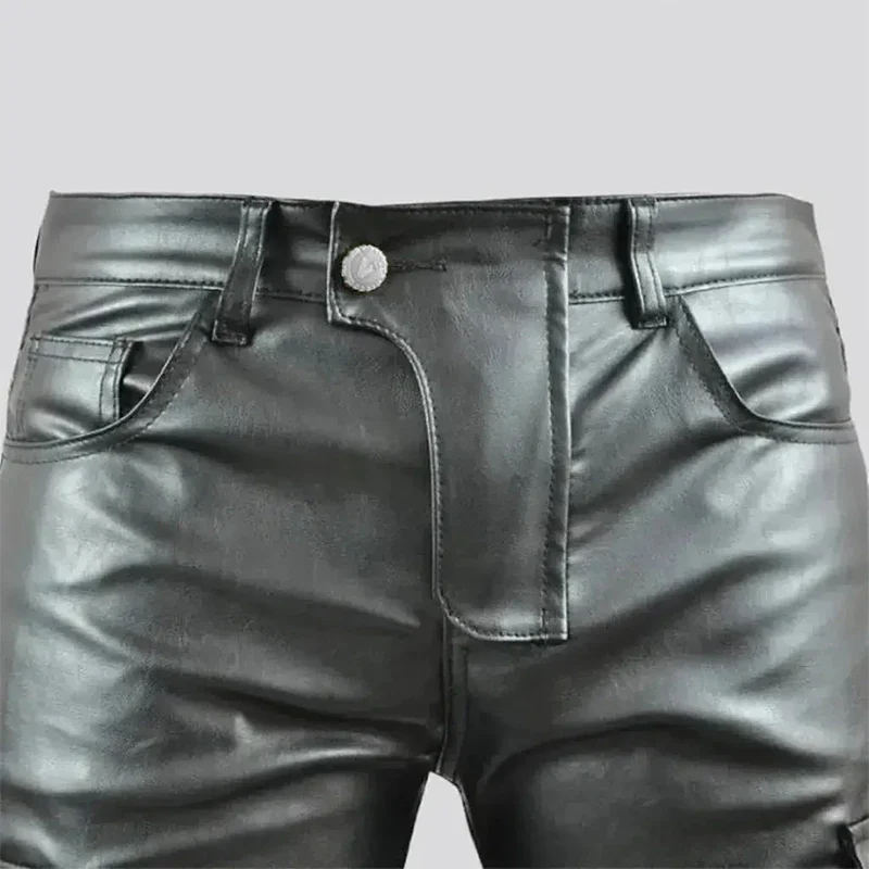 Pantalones rectos ajustados de piel sintética para hombre, pantalón negro mate, informal, Vintage, de PU, para motocicleta, con bolsillo, nuevo, personalizado