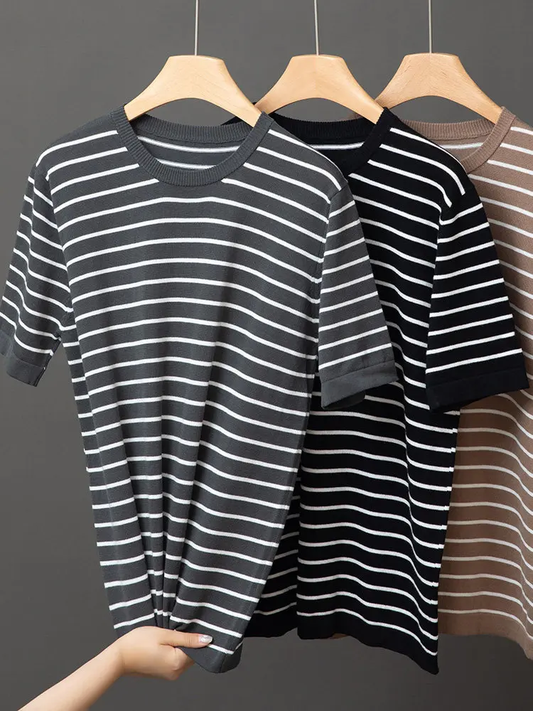 100% cotton knitted short-sleeved T-shirt round neck black and white striped casual half-sleeved bottoming shirt summer top