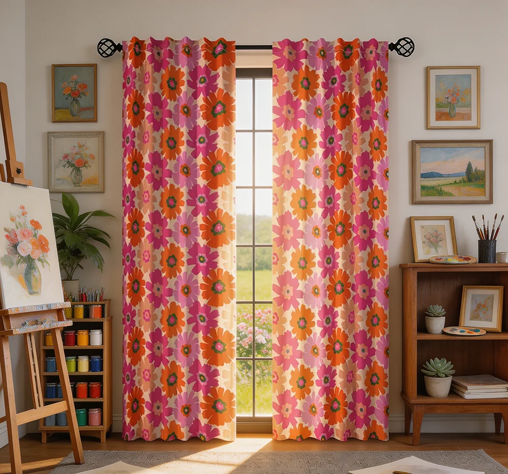 2枚組デジタルプリントカーテン、ローズピンクデイジーデザイン - Home Decor Curtain のレビューと価格