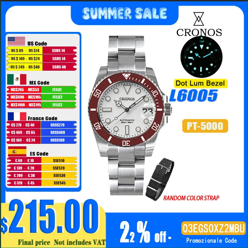 

Cronos New 40mm Diver Men Watches Luxury Business PT5000 Automatic Mechanical Watch Sapphire Waterproof 200m adjust clsap L6005