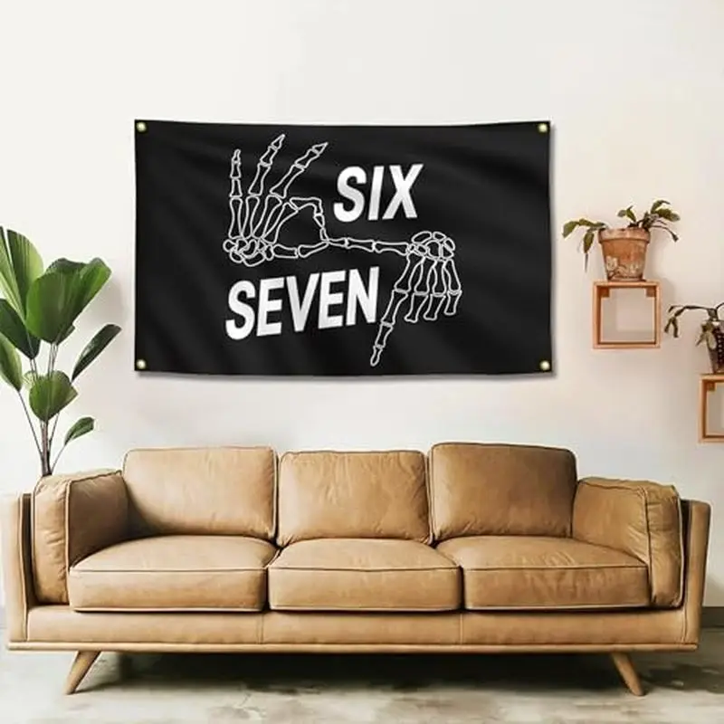 VIKAMA Six Seven Skeleton Hand Gesture Wall Tapestry Black Background White Bone Finger Number Funny Humor Bedroom Living Room