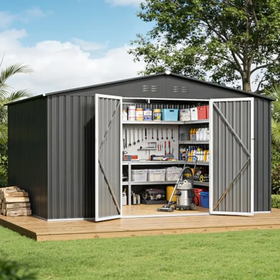 Outdoor storage shed for garden tools and bikes, metal dark grey 12 x 10FT waterproof all-weather shelter with door and lock