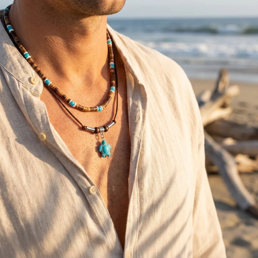 2pcs Set Classic Retro Hand-Strung Wax Cord Wooden Bead Turquoise Turtle Stackable Necklace for Women Men Travel Jewelry Sets
