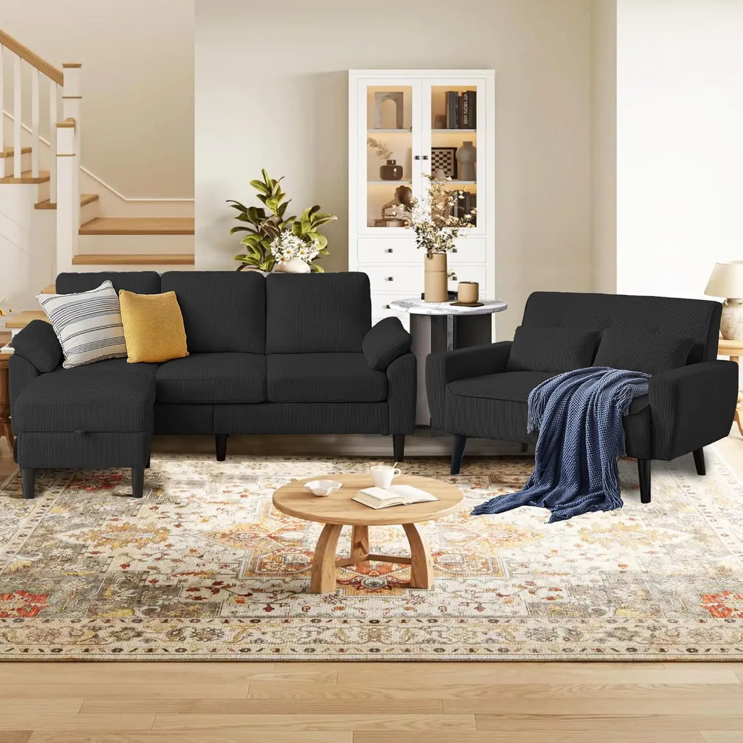 

Corduroy Sectional Sofa Storage Ottoman L-Shape Hidden Removable Cushions Living Room 3pc,Customized