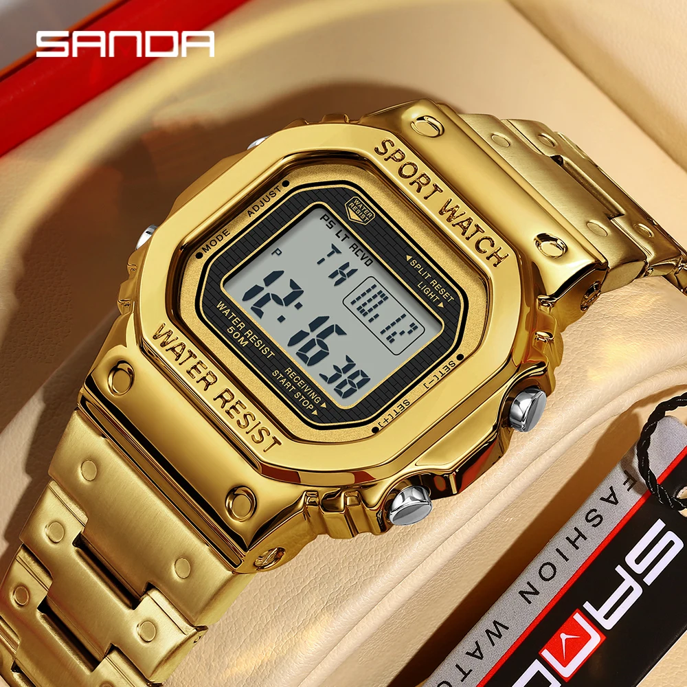 

SANDA 2162 Men's Electronic Watch Square Waterproof Multi functional Wrist Watch Square Fashion Night Light Steel Digit Watches