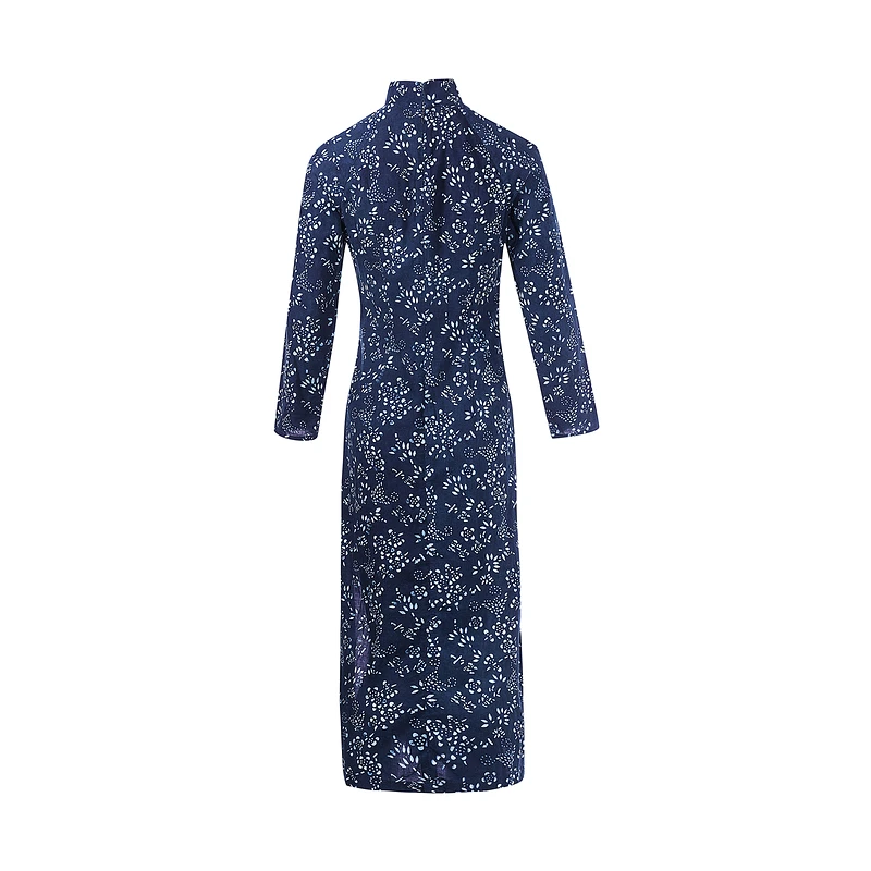 A Life On The Left Women Blue Calico Improved Cheongsam Long Sleeve Stand Collar Traditional Print Vintage Chinese Style Dress