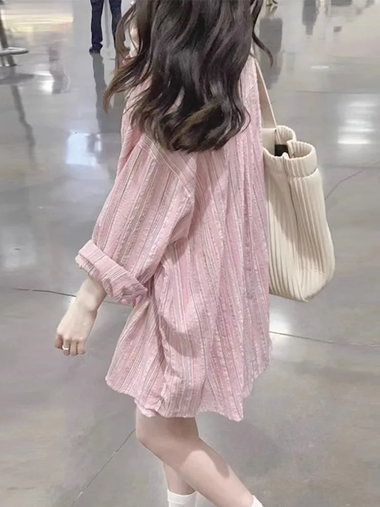 

Pink Striped Women's Shirt 2026 New Popular Design Lazy Style Top Sun Protection Shirt Outerwear Loose Fit Long Sleeve C...