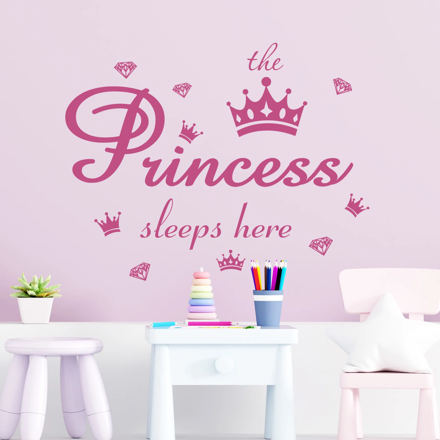 Crown Diamond Wall Decals Princess Sleep Here Wall Stickers Removable DIY Mural Vinyl Stickers for Girls Bedroom Living Room