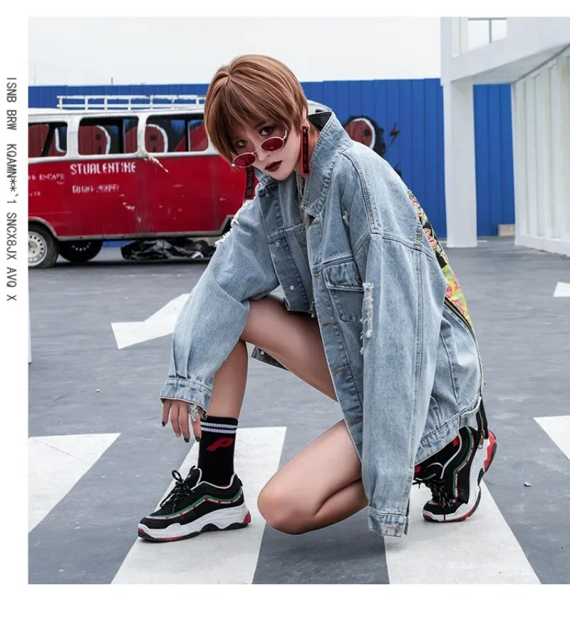 Vintage Floral Embroidery Denim Jacket Coat Women Ripped Distressed Patch Streetwear Hip Hop Loose Bomber Jackets Outerwear