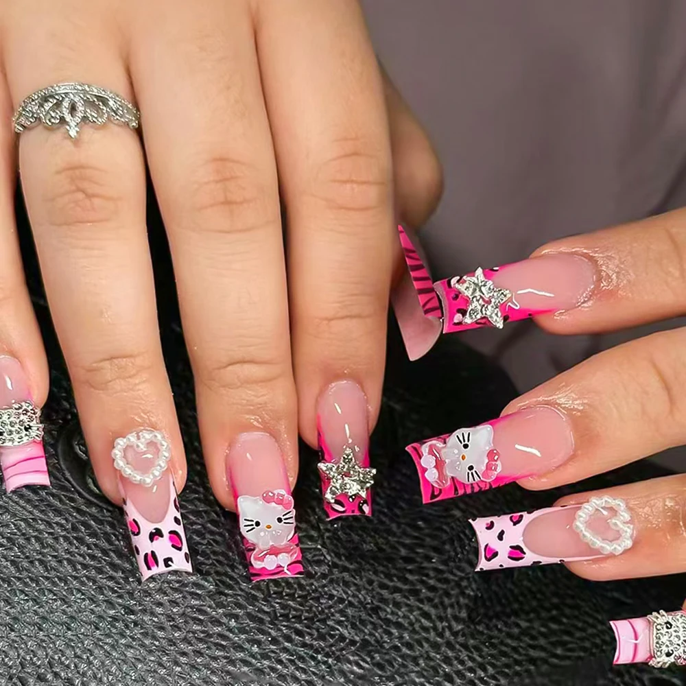 

24Pcs Leopard Print Hello Kitty False Nails Y2K Star Heart Full Cover French Fake Nails Tips Long Square Wearable Press on Nail