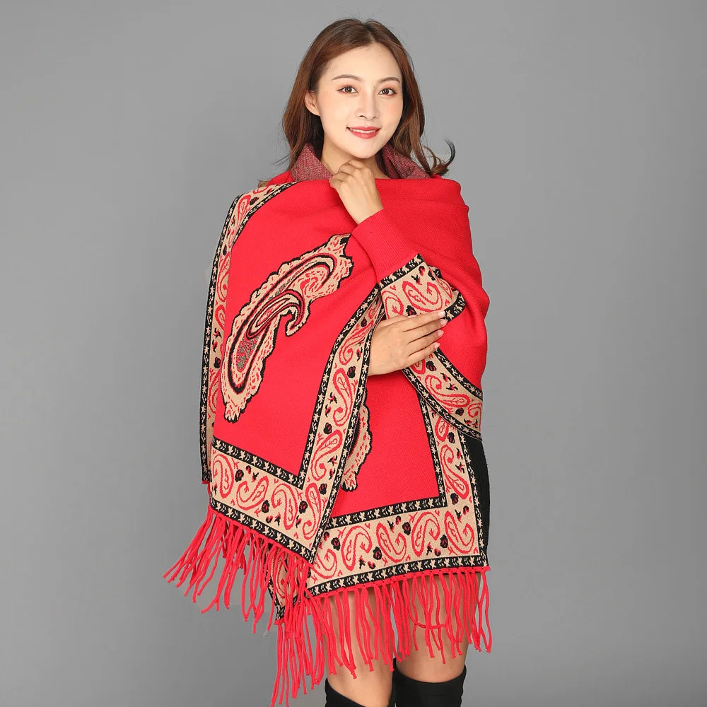 Women Ethic Style Cheongsam Shawl with Sleeve Cashmere Blend Pashmina Female Print Cashew Flower Ponchos Bufanda and Wraps