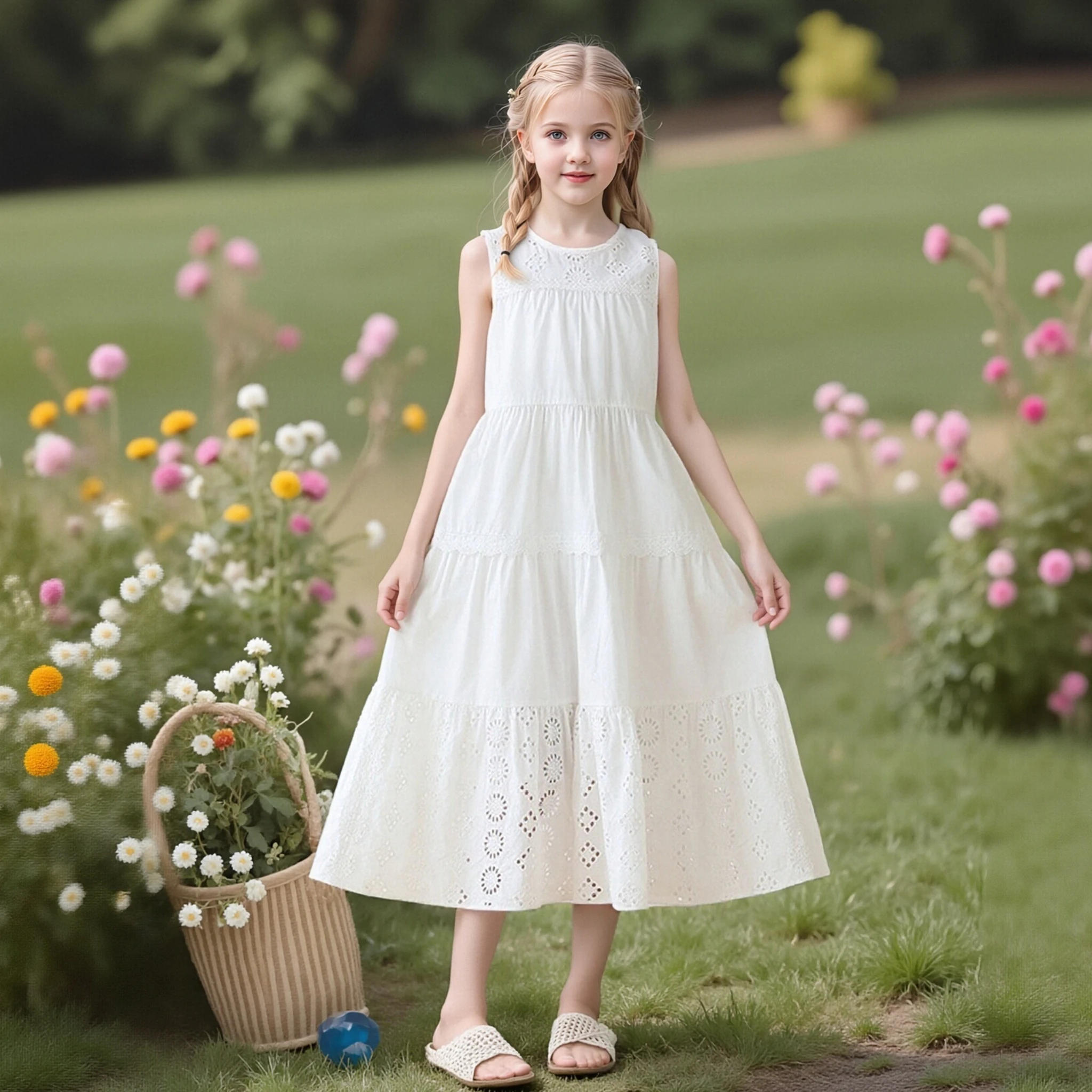 

Girls White Cotton Lace Eyelet Dress Long Sleeve Tiered Ruffle Boho Dresses Kids Party Wedding Flower Girl Photography Outfits