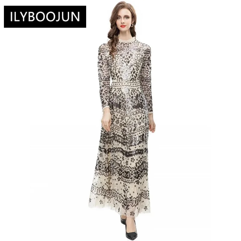 Autumn Mesh Long Dress O-Neck Long Sleeve Gorgeous Sequins Embroidery Vintage Party Maxi Dresses For Women 2023 Luxury Brand