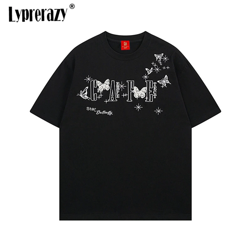 

Lyprerazy Streetwear Brand Star Butterfly Embroidery Short-sleeved Men's T-shirt Summer Casual Cotton T Shirt