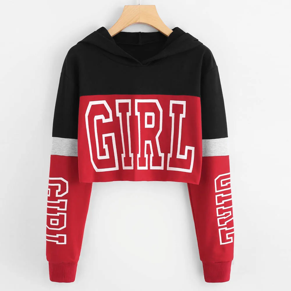 Long Sleeve Hoodie Sweatshirt Women Letters Printing Hoodie Crop Top Hooded Pullover Harajuku Blouse Teen Girls Sudaderas