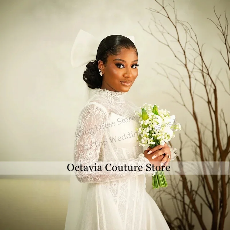 Mini High Neck Civil Wedding Dresses 2026 African Long Sleeve Lace Corset Bridal Gown Applique Short Vestido De Novia Customized