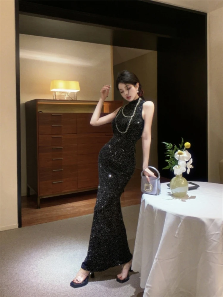 Sexy Backless Floor-Length Party Club Dress Women Summer Sleeveless Off Shoulder Dress Patchwork Zipper Button New Slim Dresses