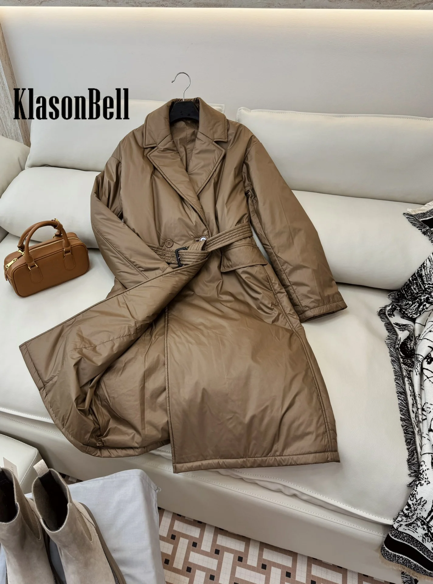 8.28 KlasonBell-Women Temperament Camel Hair Long Parkas Lapel Collar Double Breasted Sashes Collect Waist Keep Warm Coat