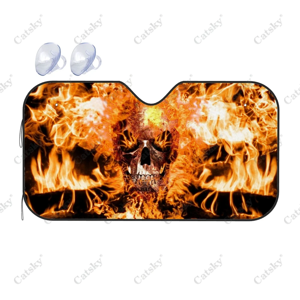 Burning Flame Skull Print Car Interior Accessories Front Windshield Sunshade Foldable Auto Sunvisor Decor Protect UV for SUV