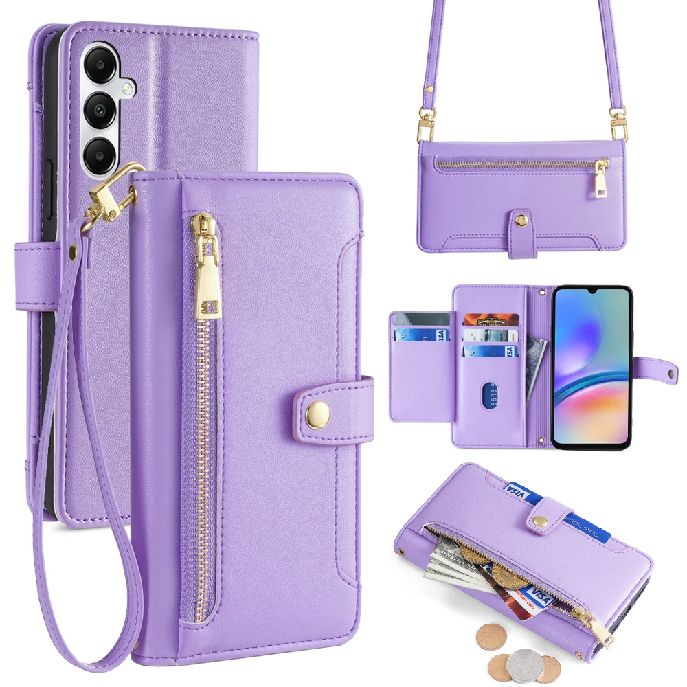 Crossbody Case for Samsung Galaxy S24 Ultra S24 PLus S23 FE M34 A25 A15 A35 A55 5G A05 A05S Wallet Flip Phone Case with Lanyard