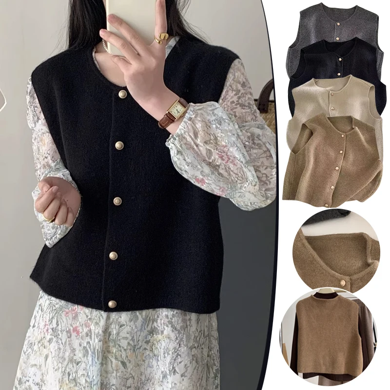 French Vintage Gold Button Knitted Vest Lady Elegant Fashion Sleeveless Sweater Cardigan Korean Autumn Winter Slim Casual Tops