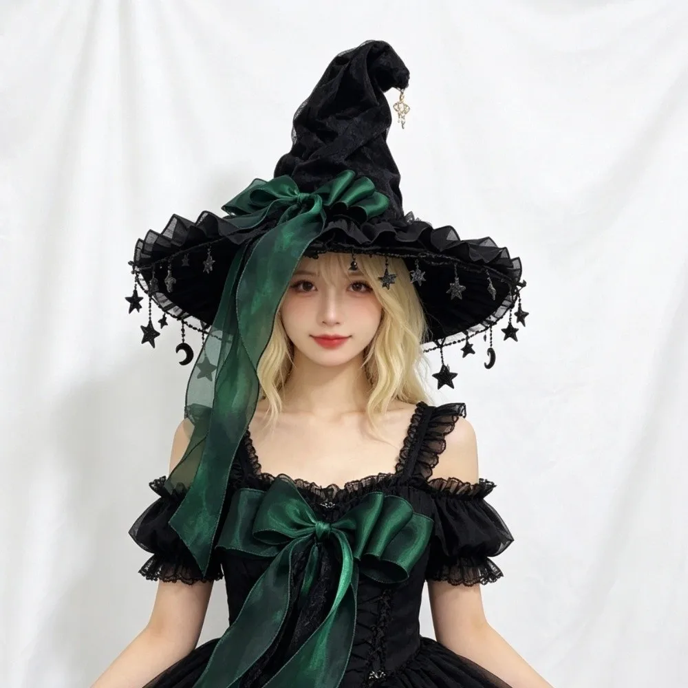 Dramatic Wide Brim Witch Hat Ruffle Brim Lace Trim Gothic Hat Gothic Dark Style Cosplay Costume Hat Halloween Costume
