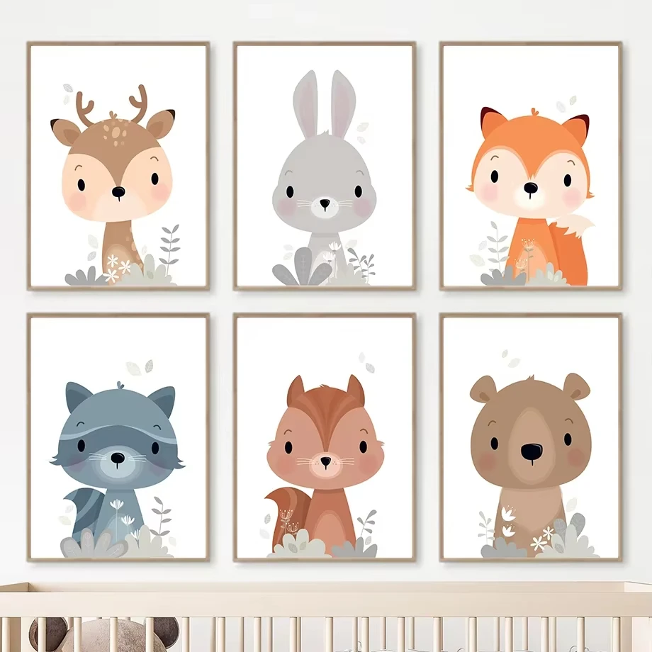 Minimalist Cute Cartoon Animal Art Posters Nordic Rabbit Fox Deer Squirrel Bear Canvas Print Children's Room Home Decor